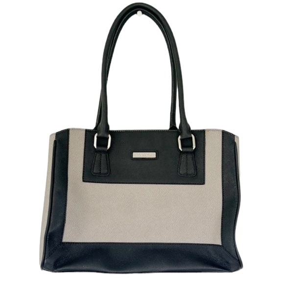 Calvin Klein black gray color block leather laptop pocket shoulder bag - Picture 1 of 16